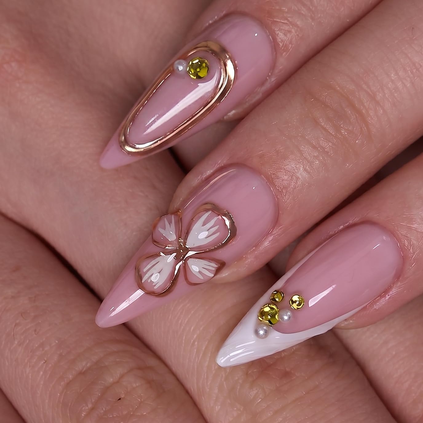 CurvLife Soft Gel Stiletto Almond Press-On Nails Long, Reusable Fake Nails with Glue & Adhesive Tabs, 30PCS Salon-Quality Stick-On Nails for At-Home Manicure (Ivory Bloom)