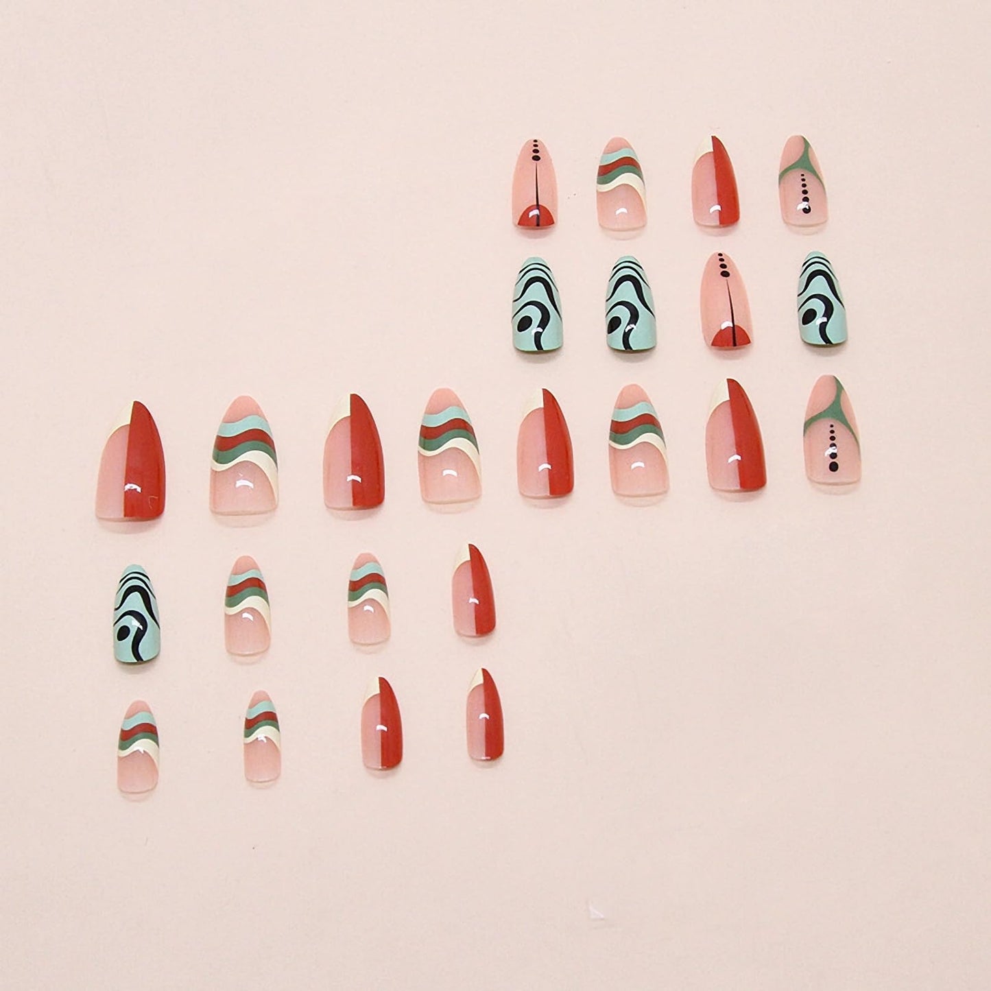MERVF Almond Press on Nails Medium Fake Nails Colorful Summer Irregular Abstract Pattern Design Acrylic Swirls Glossy 24pcs