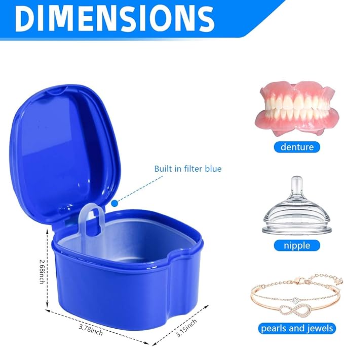 Blue Denture Bath Case Cup Box Holder Storage Soak Container with Strainer Basket for Travel Cleaning