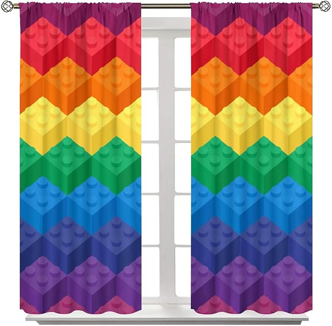 Colorful Building Blocks Cartoon Toy Printed Curtains, Bedroom, Living Room, Architecture, Curtains, Fun Brick 3D Design Curtains, Children's Living Room, Window Treatment Panels 2 Panels 63x72in