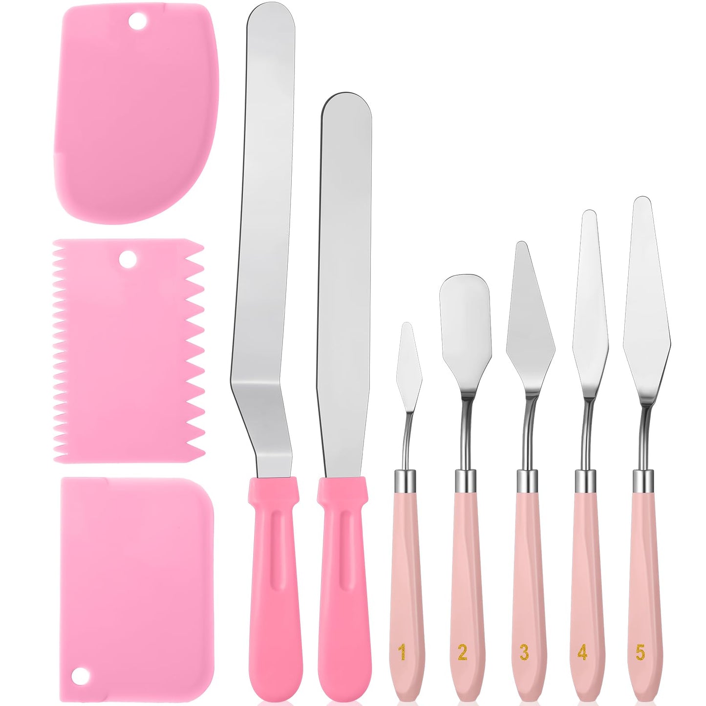 Leriton 10 Pcs cake spatula set Decorating Kit Baking Supply Accessories Tools for Beginners and Pros Includes 2 Frosting Straight Angled Spatula 3 Icing Smoother Scrapers 5 Pieces Cream tools(Pink)