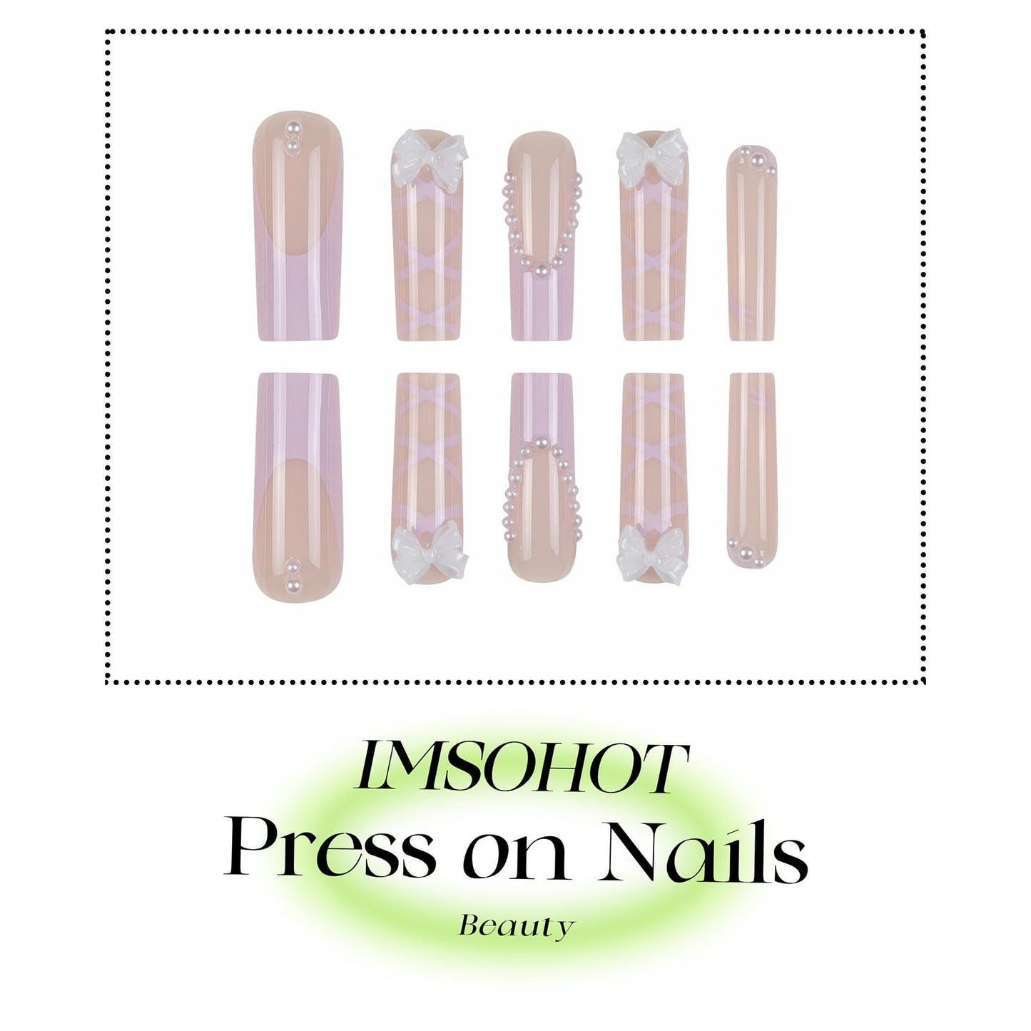 IMSOHOT Purple Press on Nails Long Square Fake Nails French Tips Glossy Acrylic False Nails with Bow Designs Full Cover Artificial Stick on Nails for Women 24Pcs