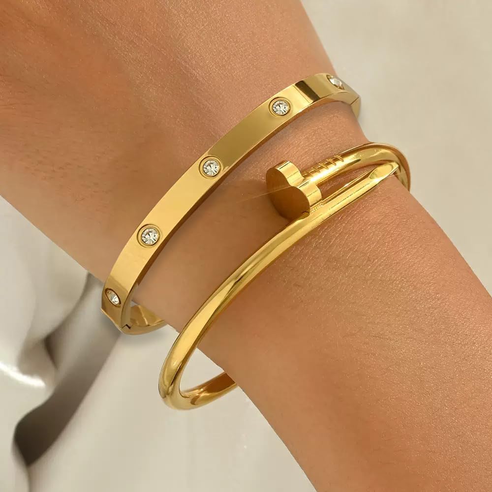sineed 18K Gold Plated Love Nail Bangle Bracelet Set Stackable Dupes Stainless Steel Bangle Set for Love Trendy Jewelry