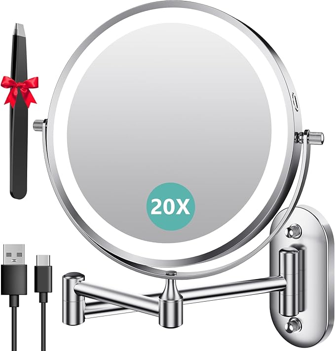 Auxmir 1X/20X Wall Mounted Makeup Mirror with Light, 8" Rechargeable Double-Sided Magnifying Mirror, Vanity Mirror Dimmable 3 Color Light, 360° Extension Rotation Foldable 14.5 Inch Arm, Chrome