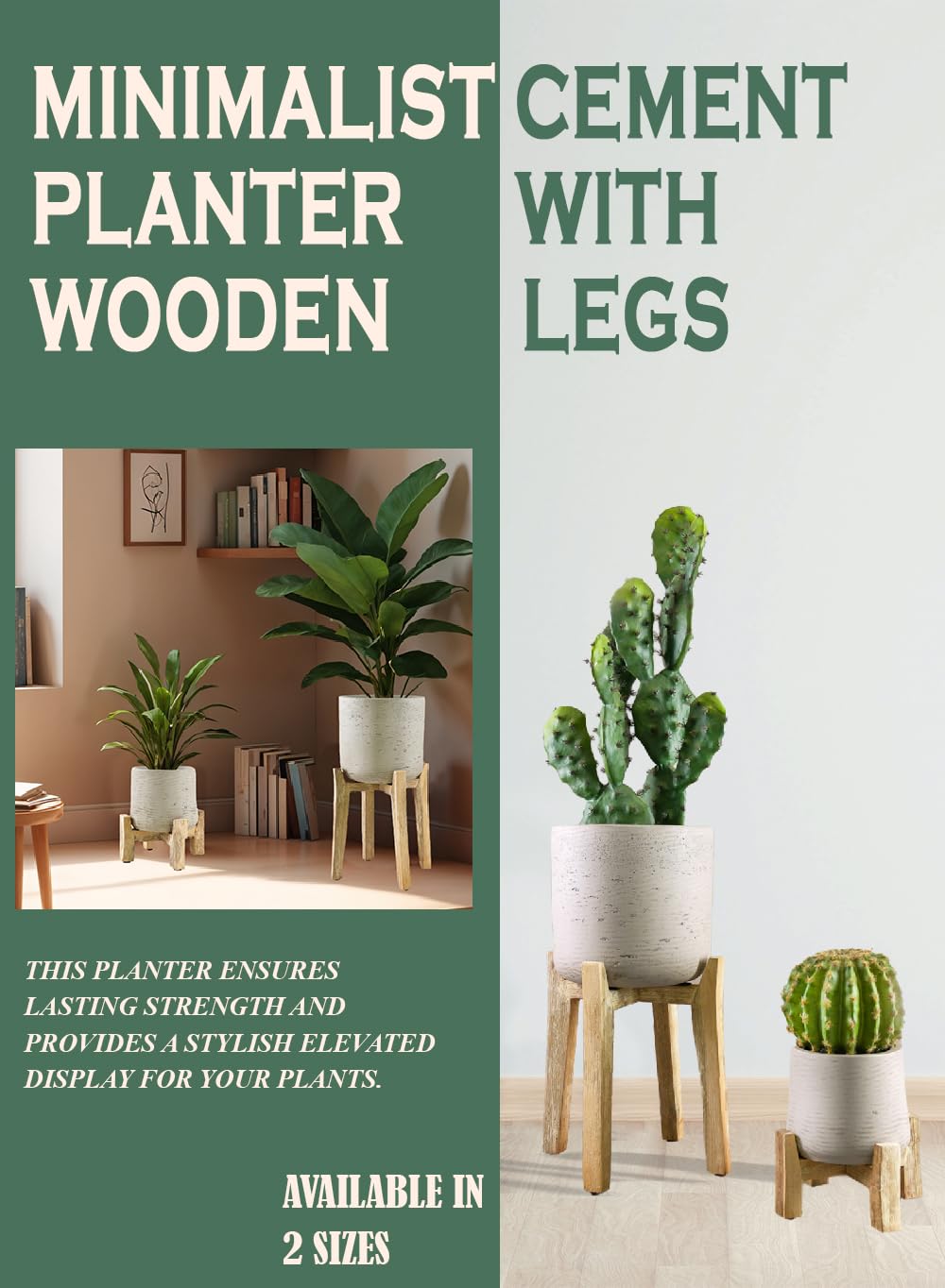 Serene Spaces Living Minimalist Cement Planter with Wooden Legs – Sleek Planter for Succulents, Cacti, Indoor Greenery, Versatile, Durable Plant Pot for Home or Office, 8" Diameter & 9" Tall