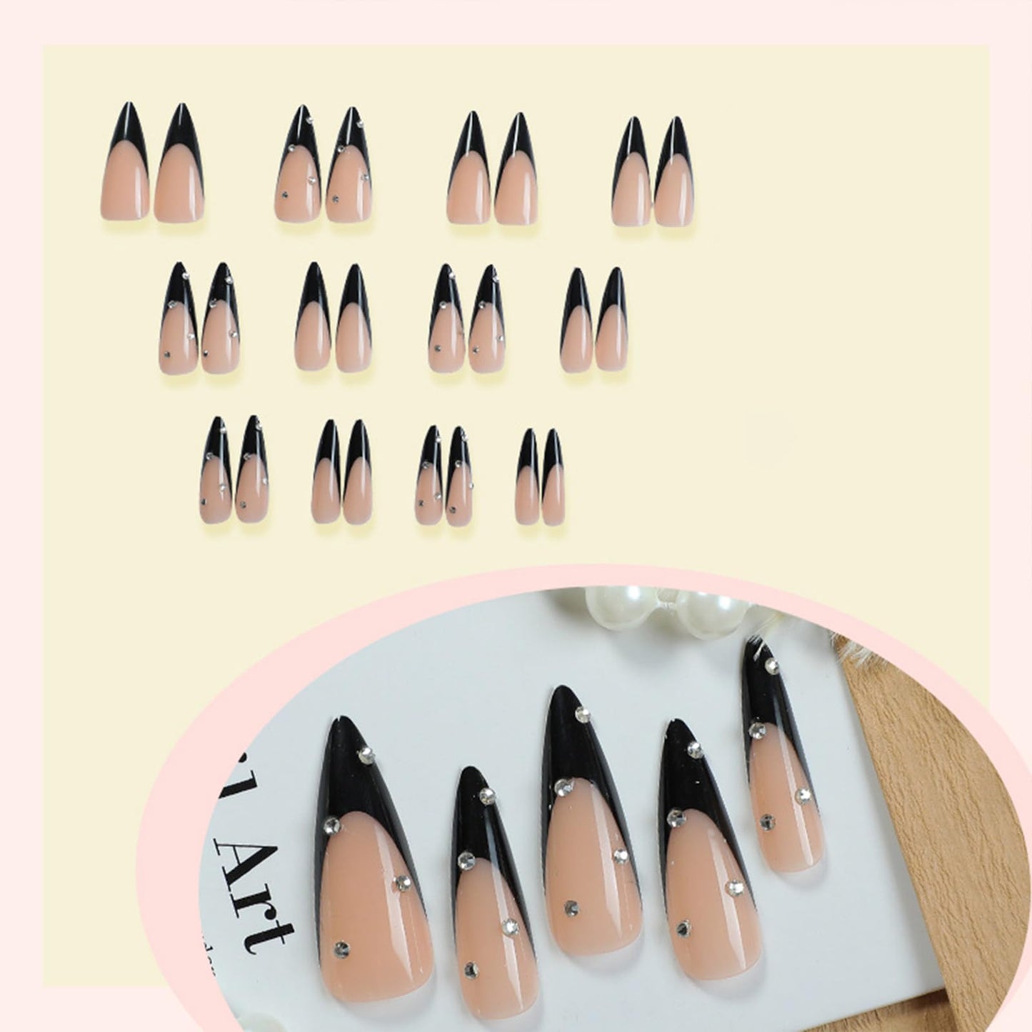 SINHOT Stiletto Press on Nails - Long Fake Nails, Glossy Finish, 3D Rhinestones & Black French Tip, DIY Artificial False Nail Art - 24 Pcs Nail Kit with Glue