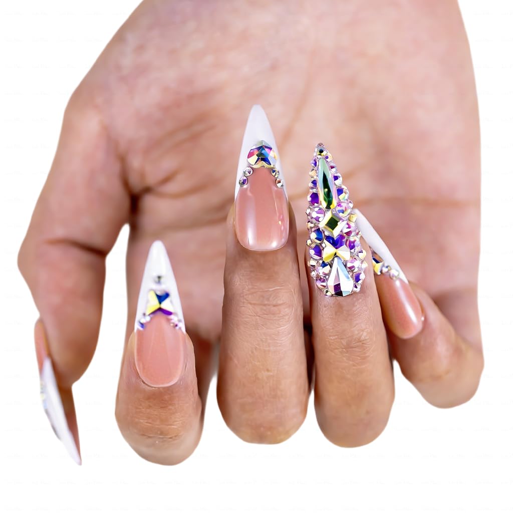 IntoVibes 10 Pieces Handmade Long Almond Press On Nails, White Thickened French False Nails With Rhinestone Decorate, Reusable Fake Nails Almond, Reusable Acrylic Nails (M)