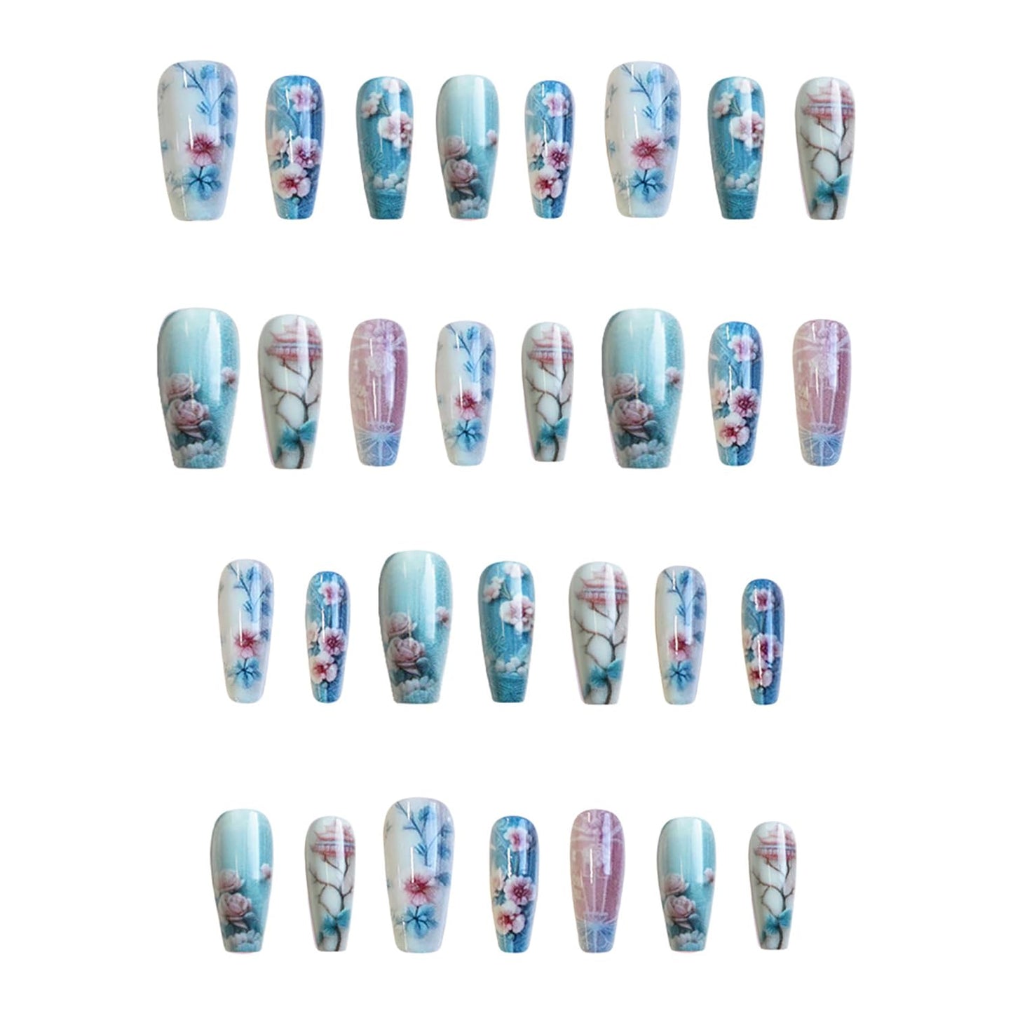 Chinese Style Begonia Press on Nails Medium Ballet Shaped Light Blue False Nails Flower Acrylic Nails Full Cover Stick on Nails Floral Design Artificial Coffin Nails Reusable Glue on Nails for Women