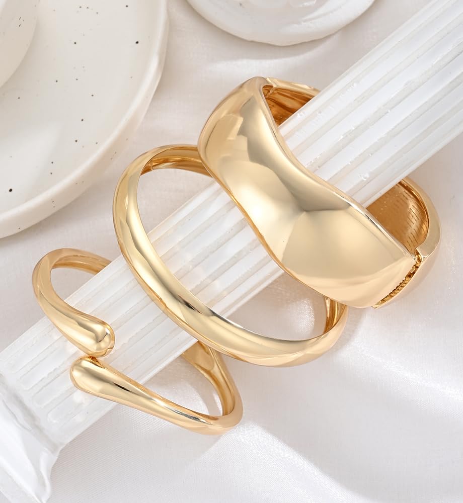 Chunky Gold Bangle Bracelets for Women, Dainty 14k Gold Plated Big Stackable Bangles Set, Trendy Statement Cuff Bracelet Stack Fashion Jewelry Gifts (3 Chunky & thin bangles)