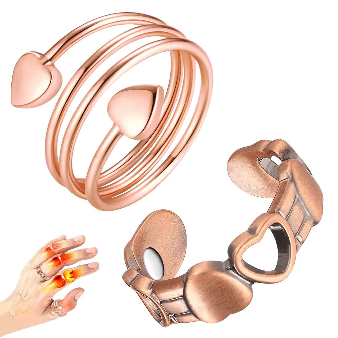 Vicmag 2PCS Magnetic Copper Rings for Women & Men,99.99% Pure Copper Ring with 9X Magnets Gift Adjustable(Heart & Love)
