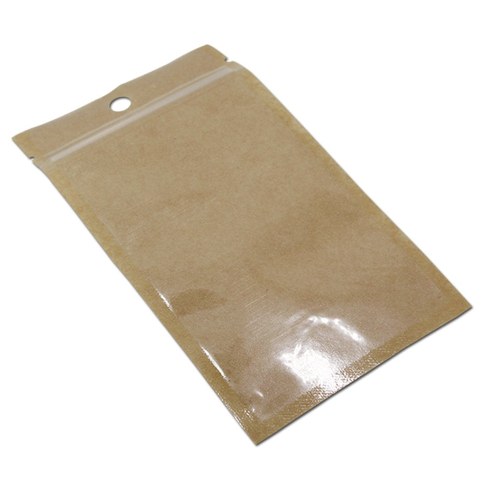 FERENLI 100Pcs Clear Brown Kraft Paper Plastic for Zip Reclosable Bag Lock Flat Heat Sealable Smell Proof Packaging Bags Zipper Lock Coffee Plastic Bags 12x20cm (4.7x7.8 inch)