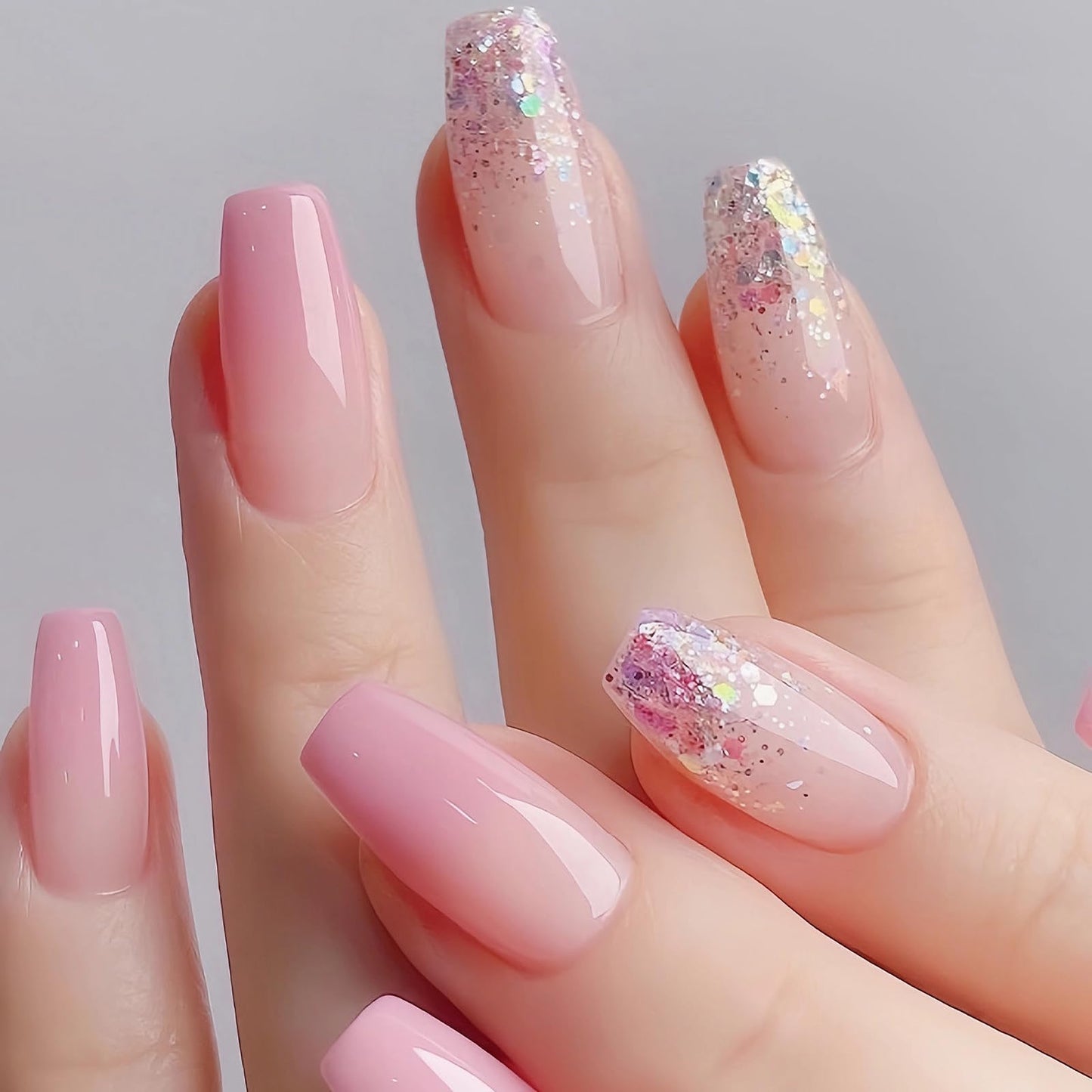 MISUD Press on Nails - Long Coffin Fake Nails with Pink Ombre, Acrylic Bling Glitter Design 24 pcs