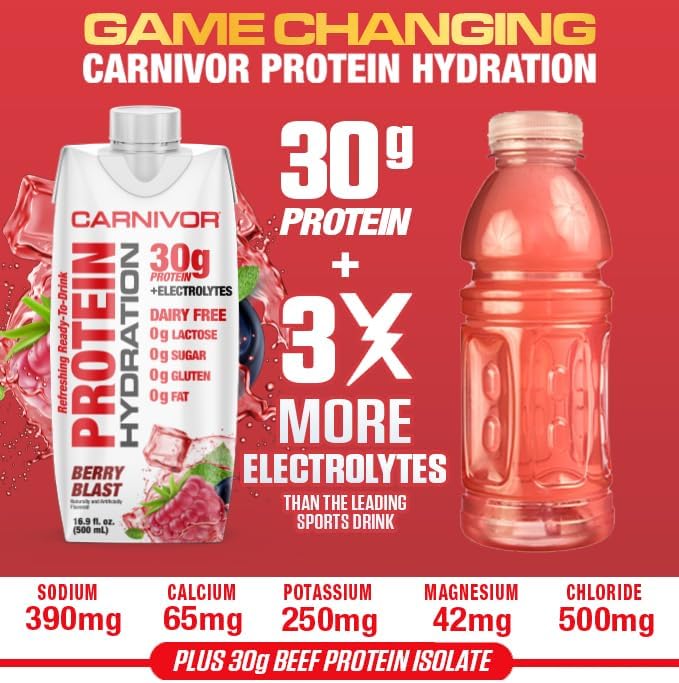 MuscleMeds Carnivor Protein Hydration RTD, Refreshing Ready to Drink, 30 g Isolate Protein, Lactose Free, Sugar Free, Electrolytes, Muscle Building, Recovery, Halal Certified, Berry Blast, 16.9 Fl Oz