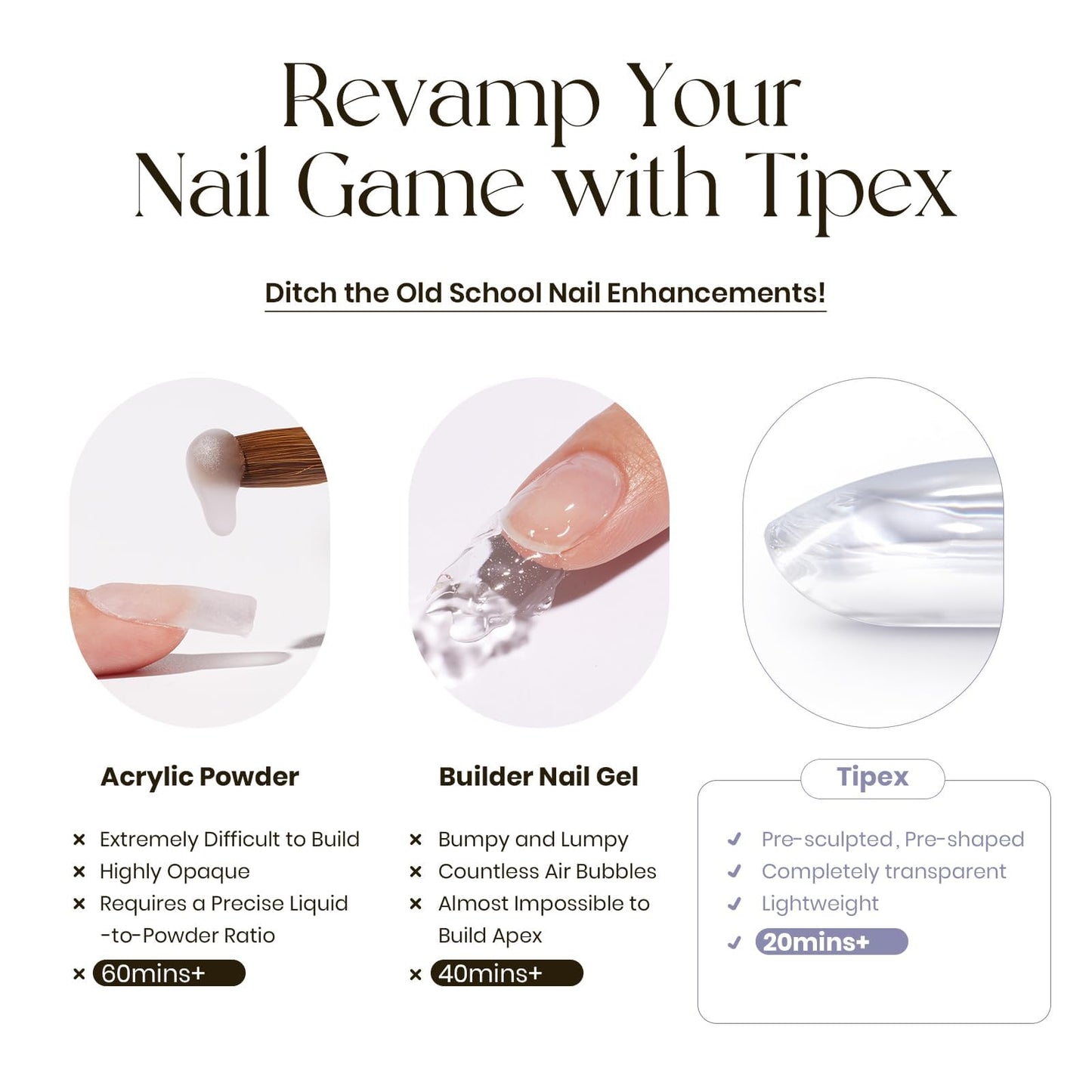 Five Angeles Tipex Instant Apex Nail Tips, Almond Medium Pre-etched Thicker Acrylic Nails, with 15g Tipex Nail Glue,Deep C Curve Matte Underside Press-on Nails, 128pcs 16 Sizes