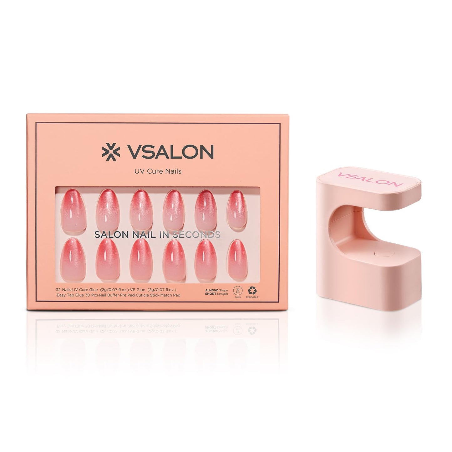 VSALON Press On Nails Short Almond, Pink Cat Eye Ombre Fake Nails Kit & Lamp