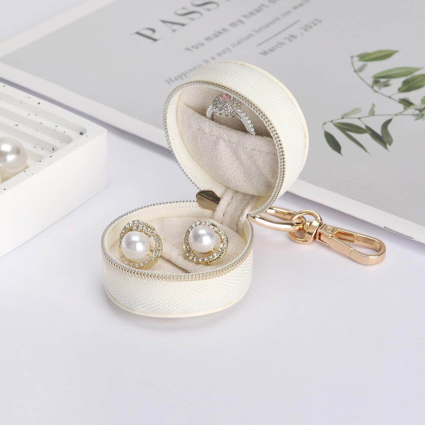 KUKUVR Jewelry Ring Holder Box with Keychain, Portable Gym Jewelry Storage Box Case, Small Travel Ring Earring Stud Necklace Storage Case (White)