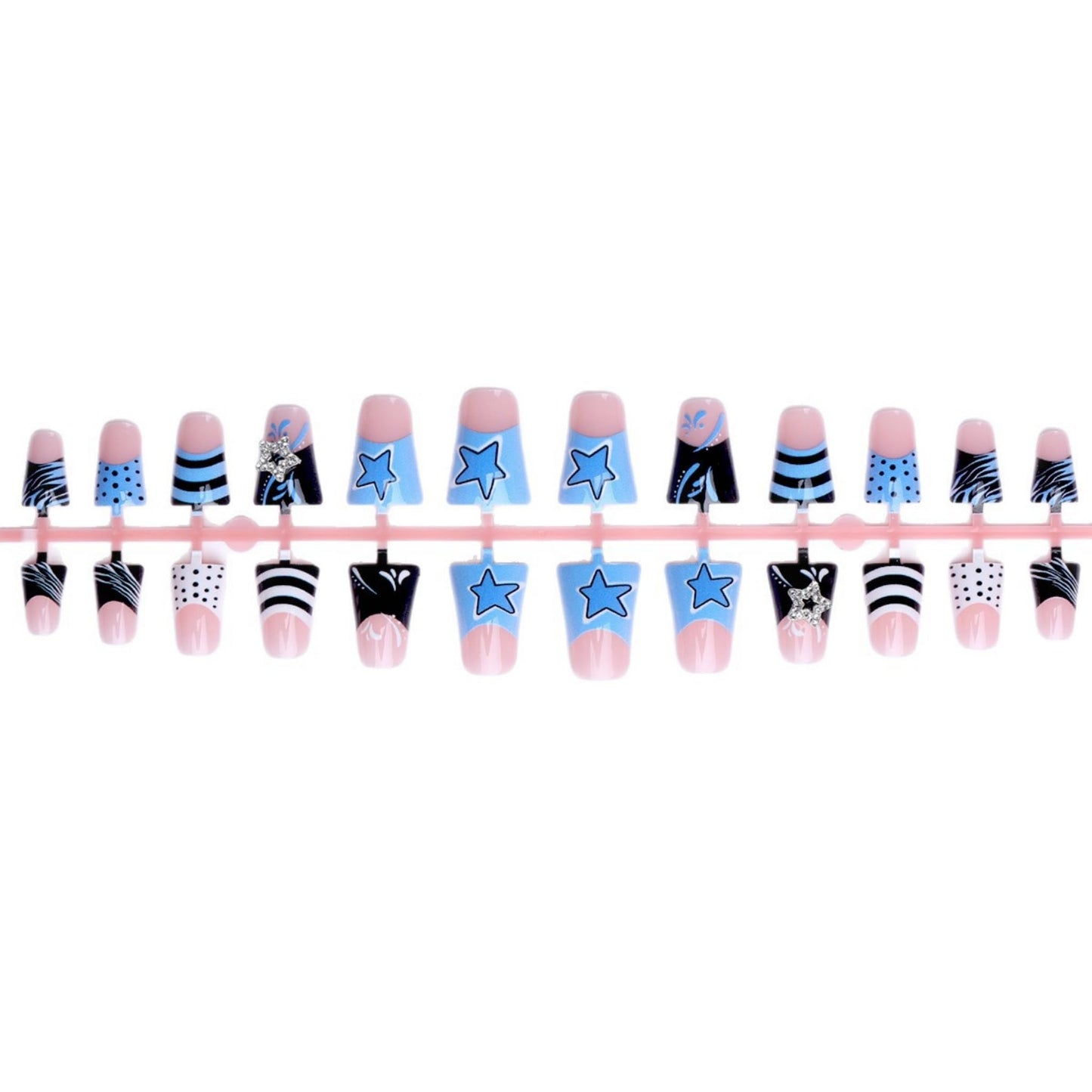 Long Press on Nails Duck Fake Nails Blue Acrylic Nail Press Ons Seeneey Black White Y2K Polka Dots Stripes Star Rhinestone Stick on Nail for Women 24pcs