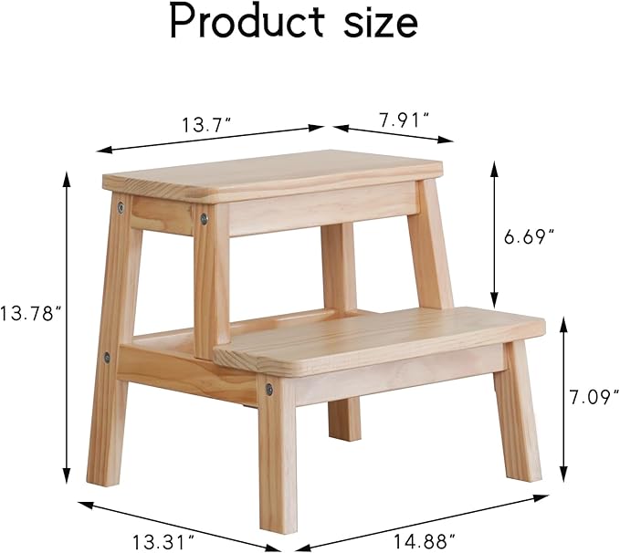 Adult & Child Wooden Two Step Stool ，Stepping Stool，Kids Step Stool Kitchen Step Stools for Bathroom– Perfect for Kitchen, Bathroom, Bedrooms & More (Wood Color)