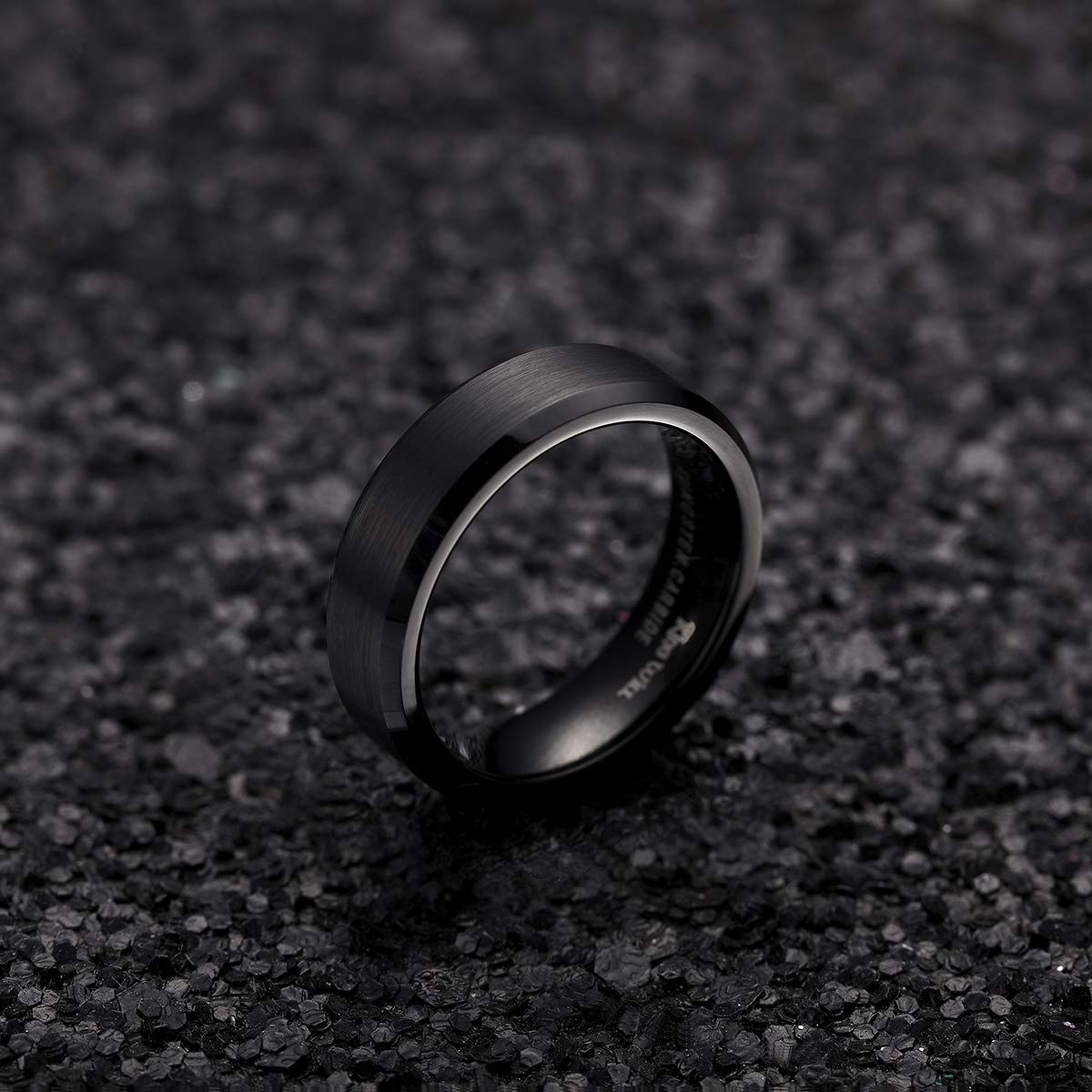 King Will 6mm Men's Black Wedding Ring - Brushed Matte Surface, Beveled Polished Edge, Comfort Fit Size 8