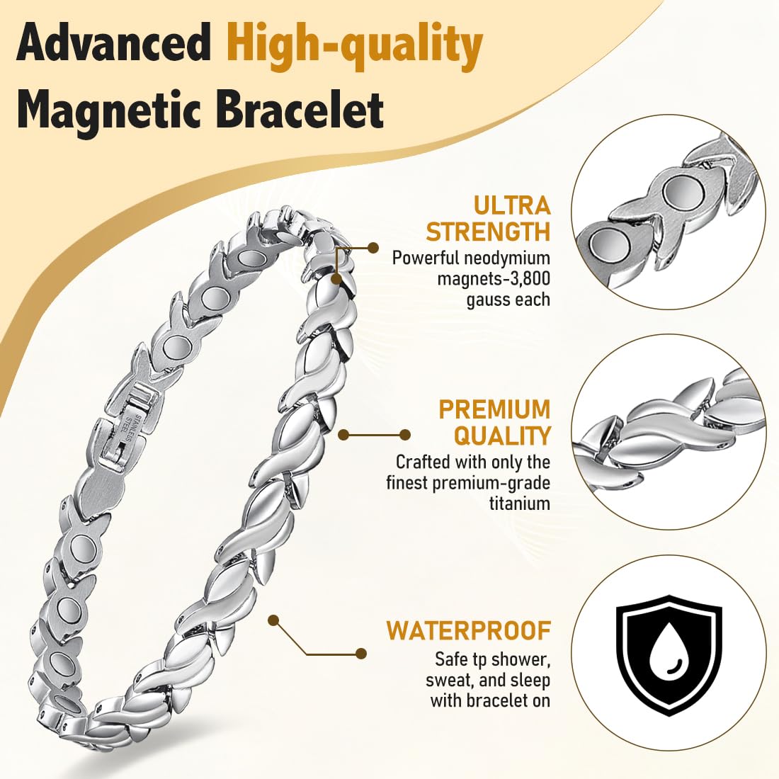 Vicmag Magnetic Bracelet for Women, Titanium Steel Bracelet with Ultra Strength Magnets, Waterproof & Adjustable, Jewelry Gift with Sizing Tool(Silver Fishtail)