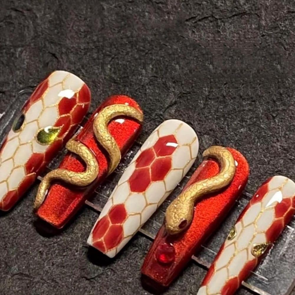 QQPPOLIU Red Press on Nails Coffin Shape Glue on Nails with Snake Pattern Design Fake Nails Long Nails Press Ons for Women and Girls 24Pcs