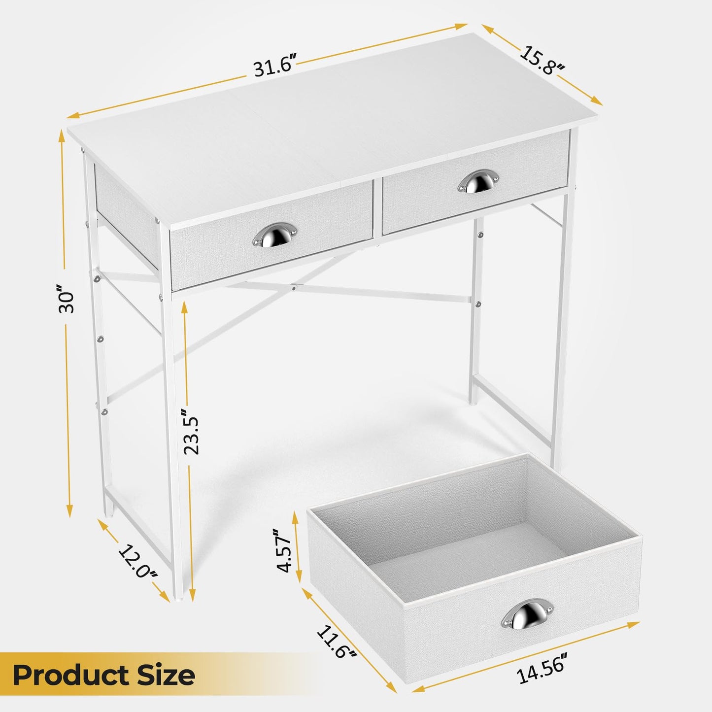 DAOUTIME Small Writing Desk for Kids Bedroom, 31.5 Inch White Computer Desk for Small Spaces, Simple Desk with 2 Fabric Drawers for Home Office, Dorm, Living Room, Home Study Table, White