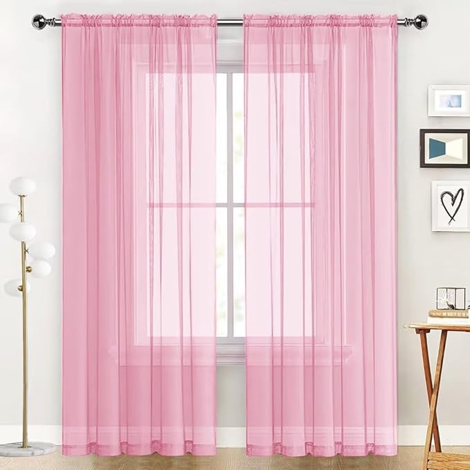 SpaceDresser Sheer Voile Window Treatment Rod Pocket Curtain Panels for Kitchen Bedroom Living Room Drapes Sunlight Filtering Privacy Semi Home Decor Assorted (Light Pink, 52 W x 45 L)