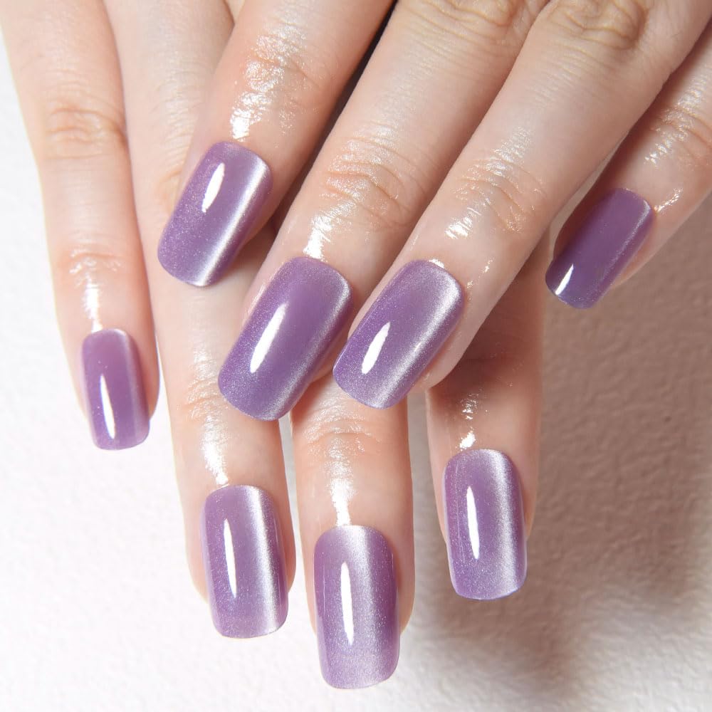 Lavender Purple Cat Eye Press on Nails Medium Square, Medium Square Press Stick on Nails Chrome for Women, Purple Holographic Glitter Glossy Reusable Gel Acrylic Fake Nail with Design Cateye Effect