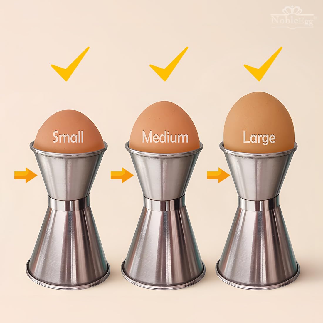 NobleEgg Universal Egg Cups and Spoons for Soft Boiled Eggs, All Chicken Egg Sizes | Stainless Steel | Set for 2