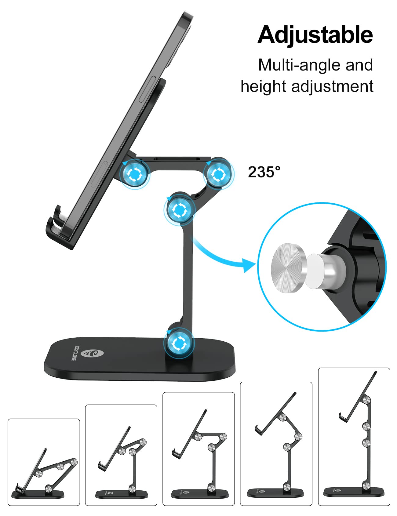 OCYCLONE Cell Phone Stand + 2 PCS Cable Organizer, Angle Height Adjustable iPhone Stand for Desk, Foldable Cell Phone Holder Tablet Stand Compatible with 4.7"-13" Phone Tablet