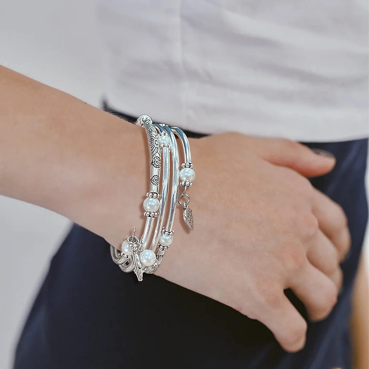 FULU AUTUMN Beaded Bangle Bracelets for Women Silver Wrap Bangles Bracelet Womens Costume Jewelry Fashion Gift(Pearl White)