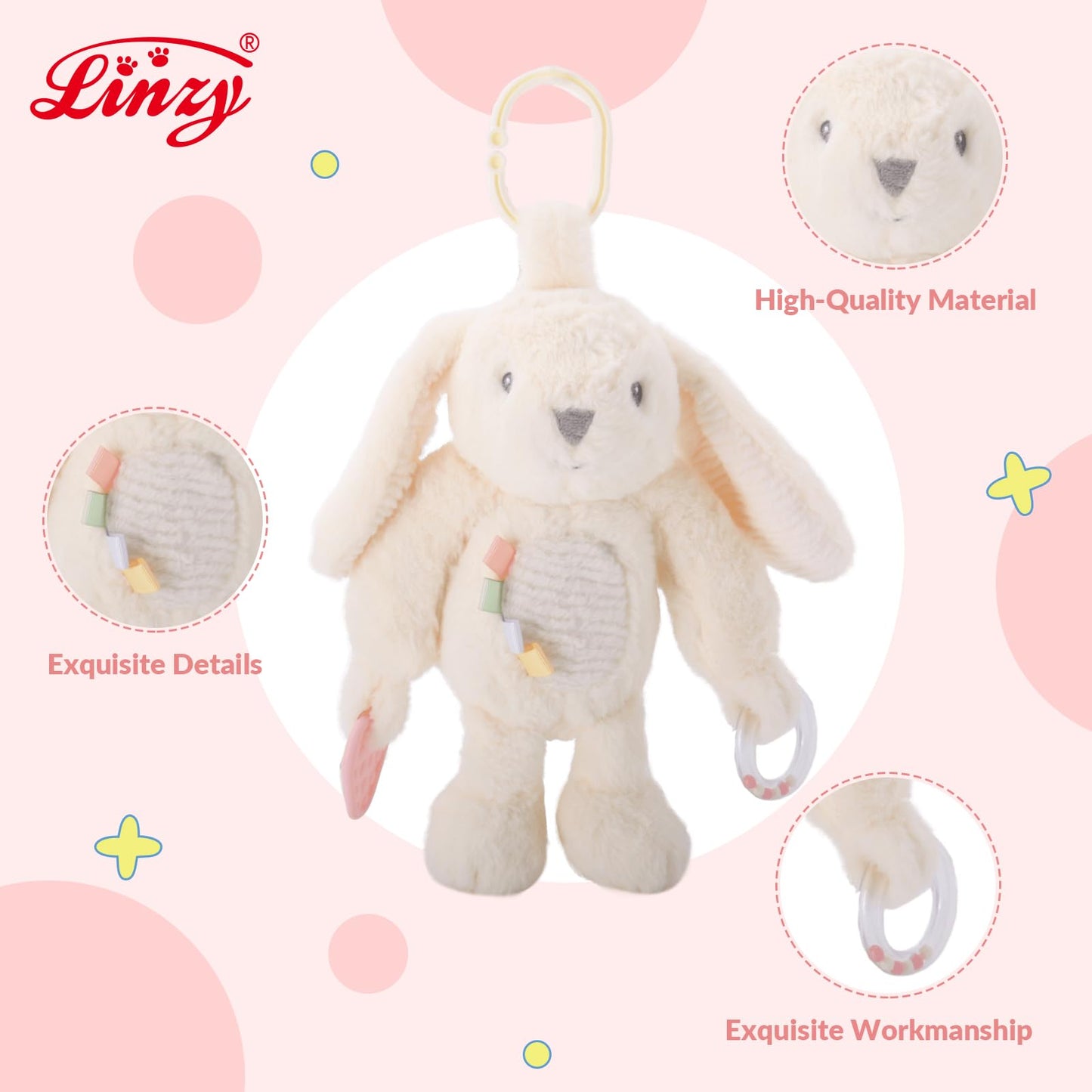 Linzy 10" Beige Bunny Baby Stroller Toy with TEETHERS and Rattle