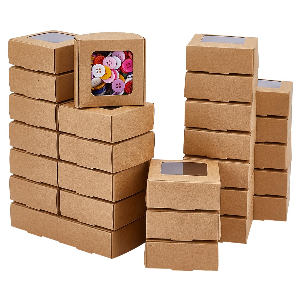 BENECREAT 60 Pack Square Clear Window Box, Brown Kraft Paper Container Party Favor Packaging Boxes, 3x3x1.2inch Foldable Design with Visible PVC Window for Wedding Treats & Crafts