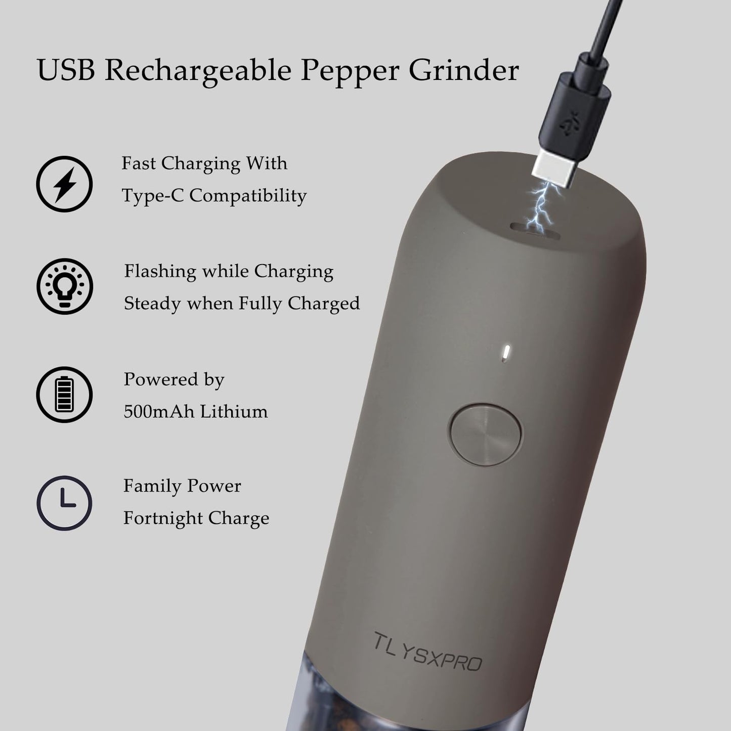 Electric Salt and Pepper Grinder - USB Rechargeable, Automatic Salt and Pepper Shaker, Adjustable Coarseness, Electric Pepper Mill, LED Light, Refillable, Kitchen Gadget (1-Pack, Buttercream)