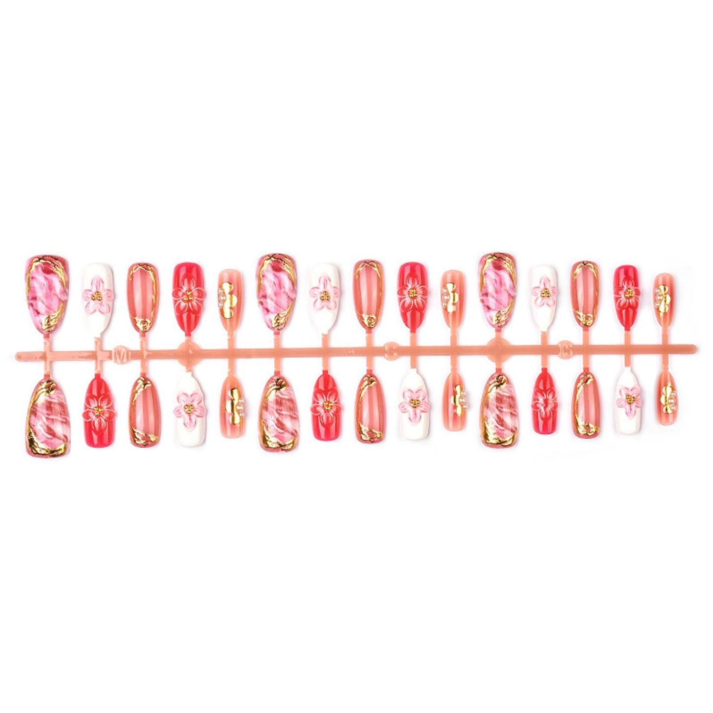 30pcs French Tip Press on Nails Medium Almond Fake Nails with 3D Flower Gold Beads Designs Lrregular Gilded Floral False Nail Cute Acrylic Nails Kit Pink Full Cover Glue on Nail for Women DIY Decor