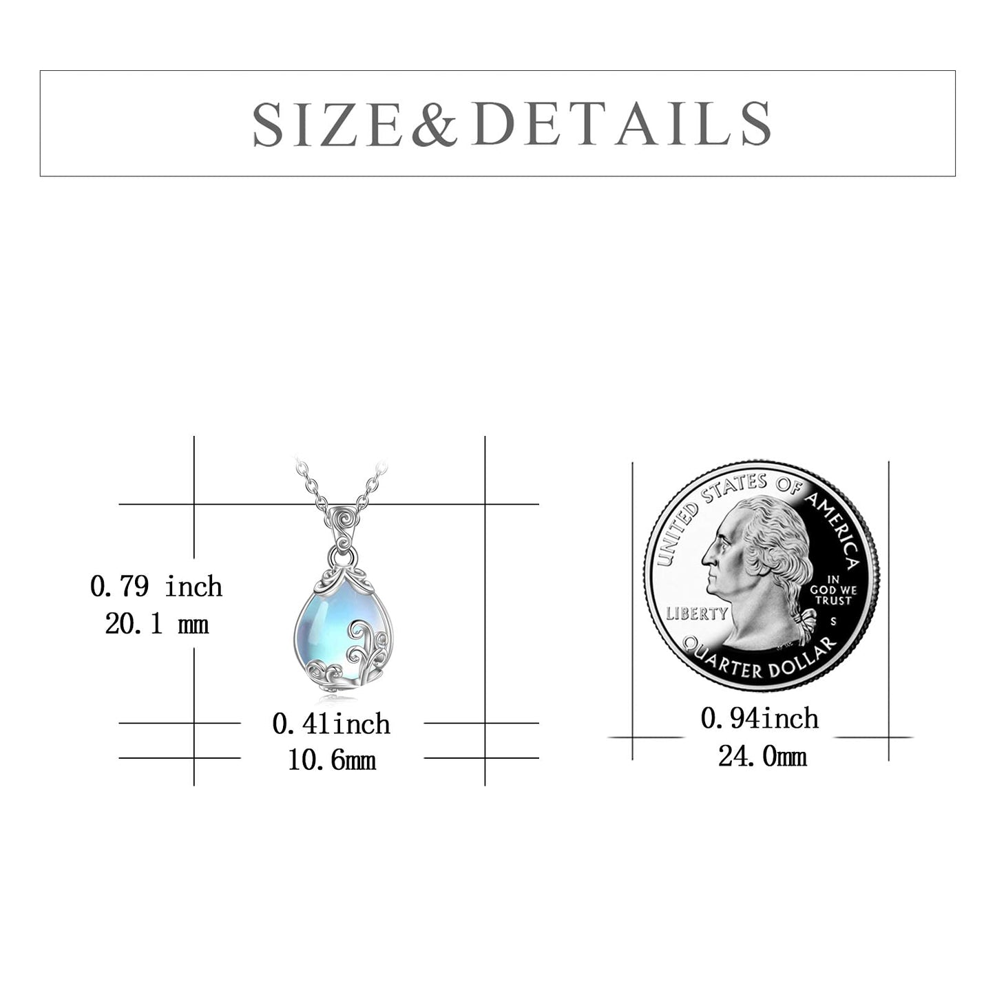 POPLYKE Sterling Silver Moonstone Filigree Teardrop Necklace Jewelry for Women （Small）