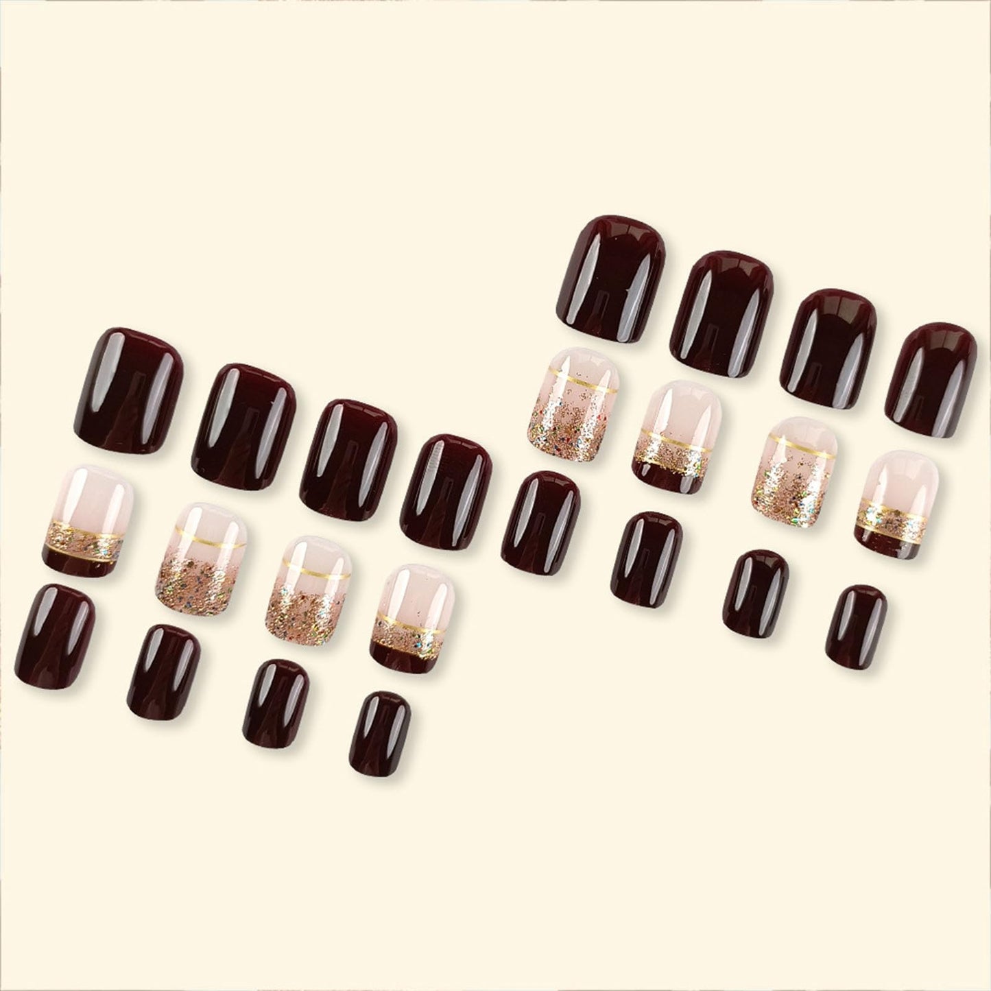 Fall Press on Nails Square Short Brown French Tip Nails Press Ons 24 Pcs Glossy Glitter Designs