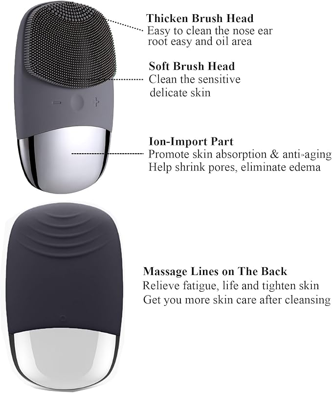 Facial Cleansing Brush, 3-in-1 Electric Soft Silicone Waterproof Face Scrubber, USB Rechargeable IPX7 Waterproof Sonic Vibrating Face Brush for Deep Cleansing, Gentle Exfoliating and Massaging