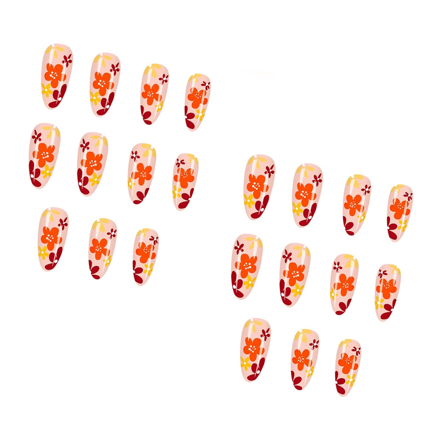 IMSOHOT Fall Press on Nails Almond, Medium Glossy Acrylic Fake Nails, Reusable Nail Kit with Nail Glue, Full Cover Orange Brown False Nails with Flower Designs, 24Pcs
