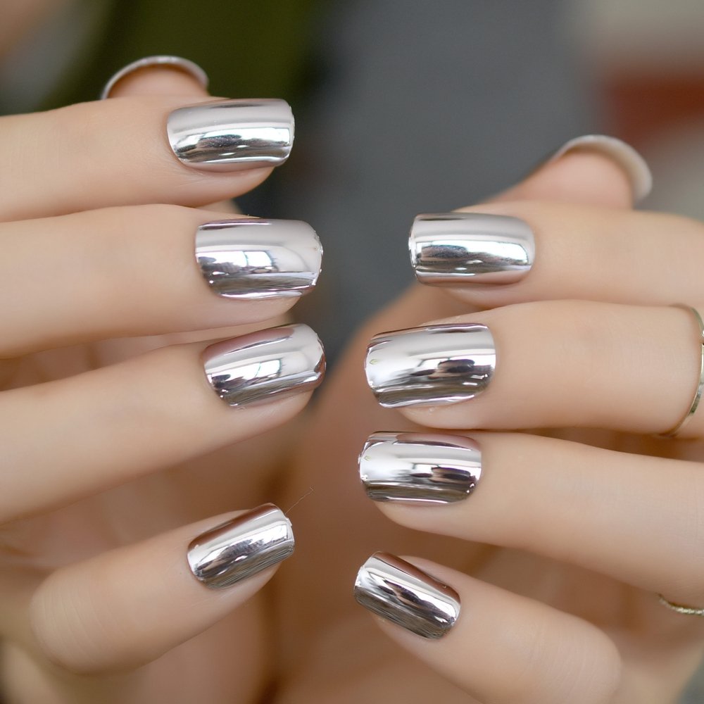 Coolnail Shiny Punk Style Metallic Light Purple False Fake Nails Metal Plating Acrylic Short Reflective Mirror Press on Nail Art Tips