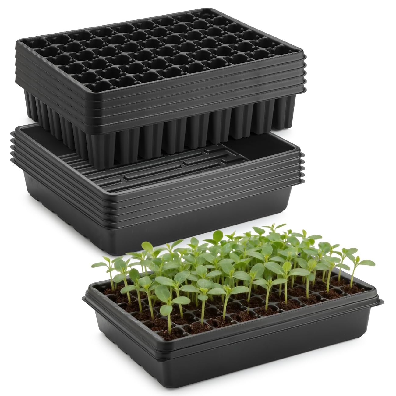 RooTrimmer 5 Pack Seedling Starter Trays No Holes and 5 Pack 54 Cell Seed Starter Trays Extra Deep 2.8" - Heavy Duty Plastic Nursery Trays for Seed Germination & Plant Propagation (5 Sets)