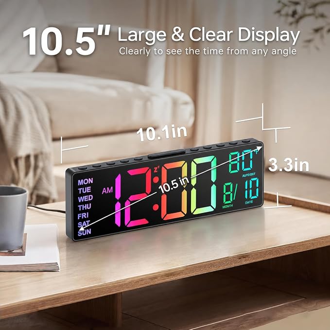 JALL 10.5'' Large Digital Alarm Clock with Big LED Number for School Classroom, Remote Control, RGB Colors,Timer, Dual Alarm, Temperature for Bedroom, Living Room, Gift for Senior Student Teacher