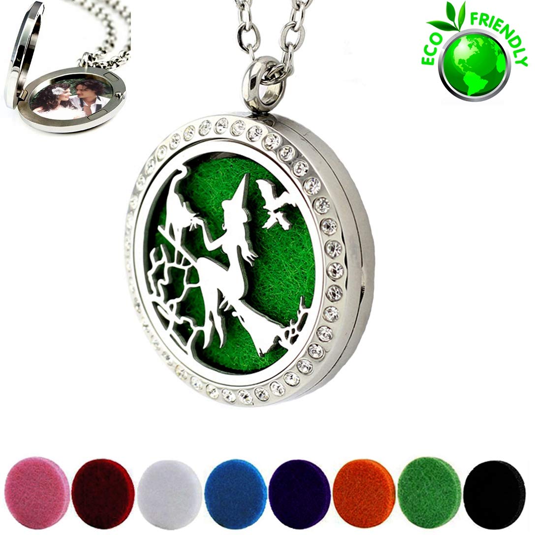 Popeoiuh Essential Oil Diffuser Necklace for Birthday Christmas- Aromatherapy Crystal Jewelry Stainless Steel Halloween Magic Witch Locket Pendant with 24'' Chain 8 Washable Refill Pads Gift