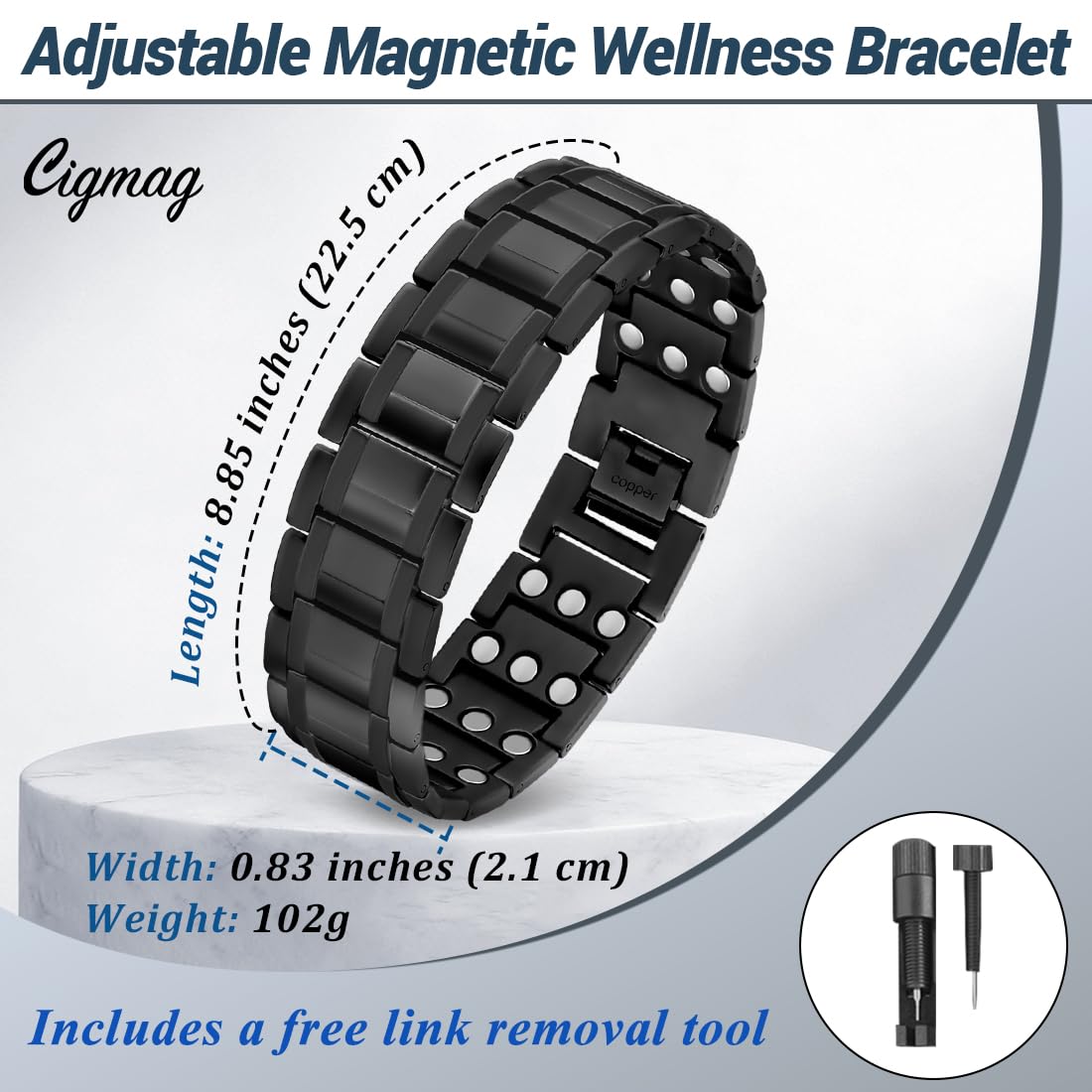 Cigmag Copper Bracelet for Men, Triple Row Magnetic Bracelet with Strength 3800 Gauss Magnets, Adjustable with Sizing Tool (Black)