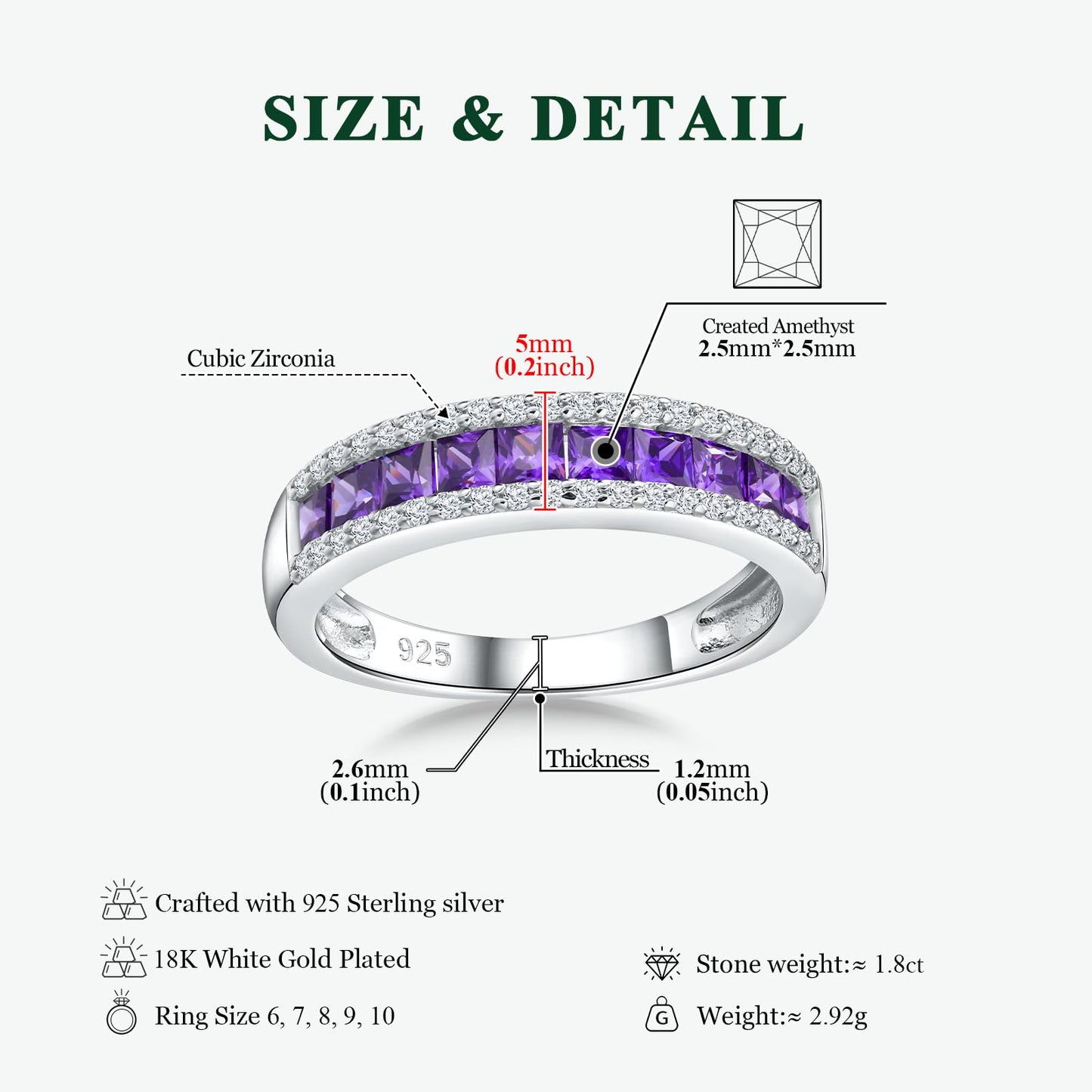 RANDES Amethyst Band Rings for Women February Birthstone Ring 925 Sterling Silver Channel Set Princess Cut Purple Stone Ring Size 7