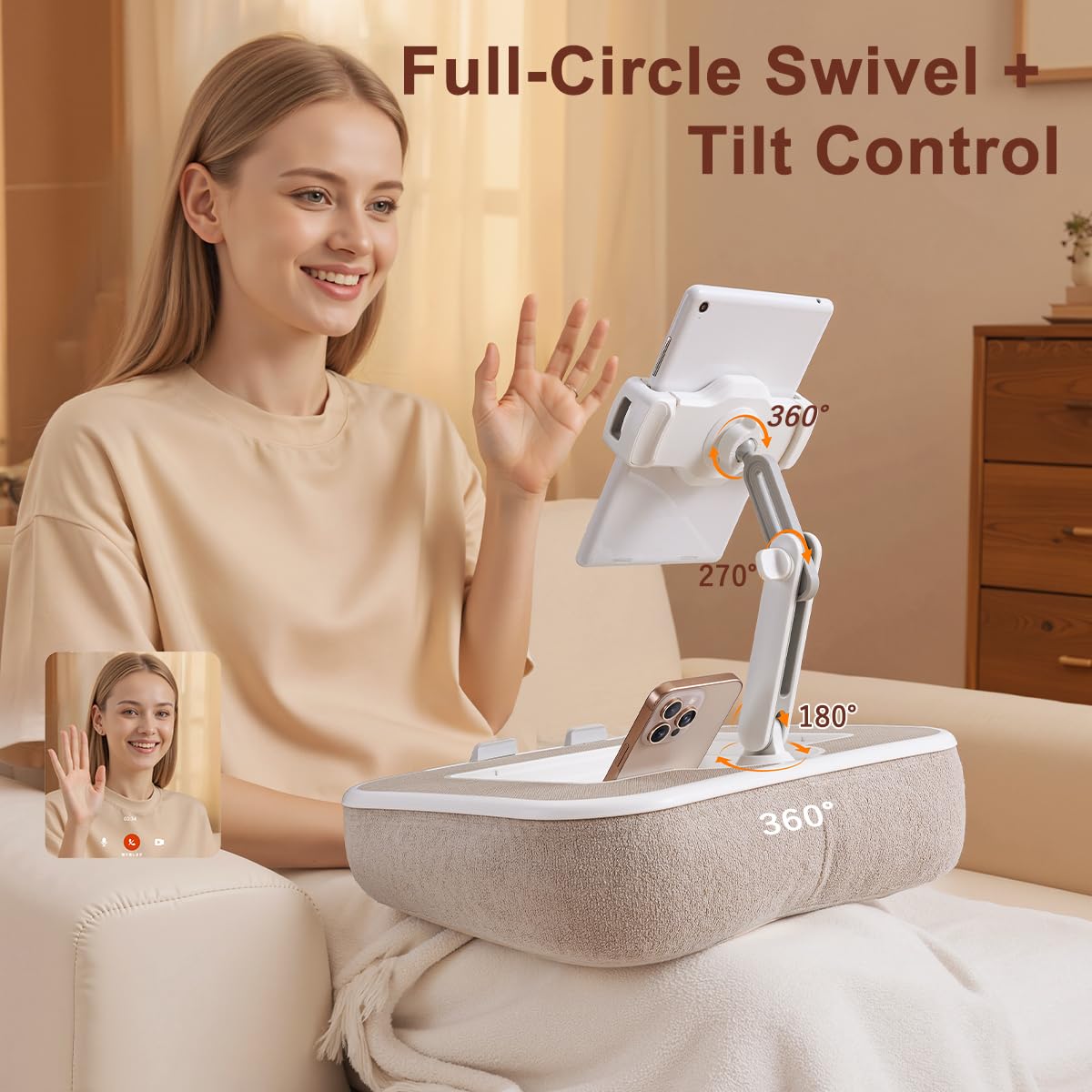 WISFISSH Tablet Pillow Stand with Snack Bowl and Writing Board, 360° Rotating Phone Holder for 4.7-13" Phone Kindle Tablet, Pillow Kindle Holder for Reading in Bed, Couch,Recliner,Floor Etc-Beige