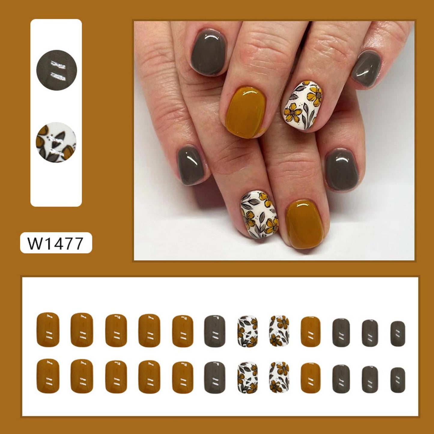 Fall Press on Nails Short Square Fake Nails with Floral Designs Glossy Glue on Nails Full Cover Yellow Nails Press ons Grey Acrylic Nails Fall Artificial Stick on Nails for Women Girls Manicure24Pcs