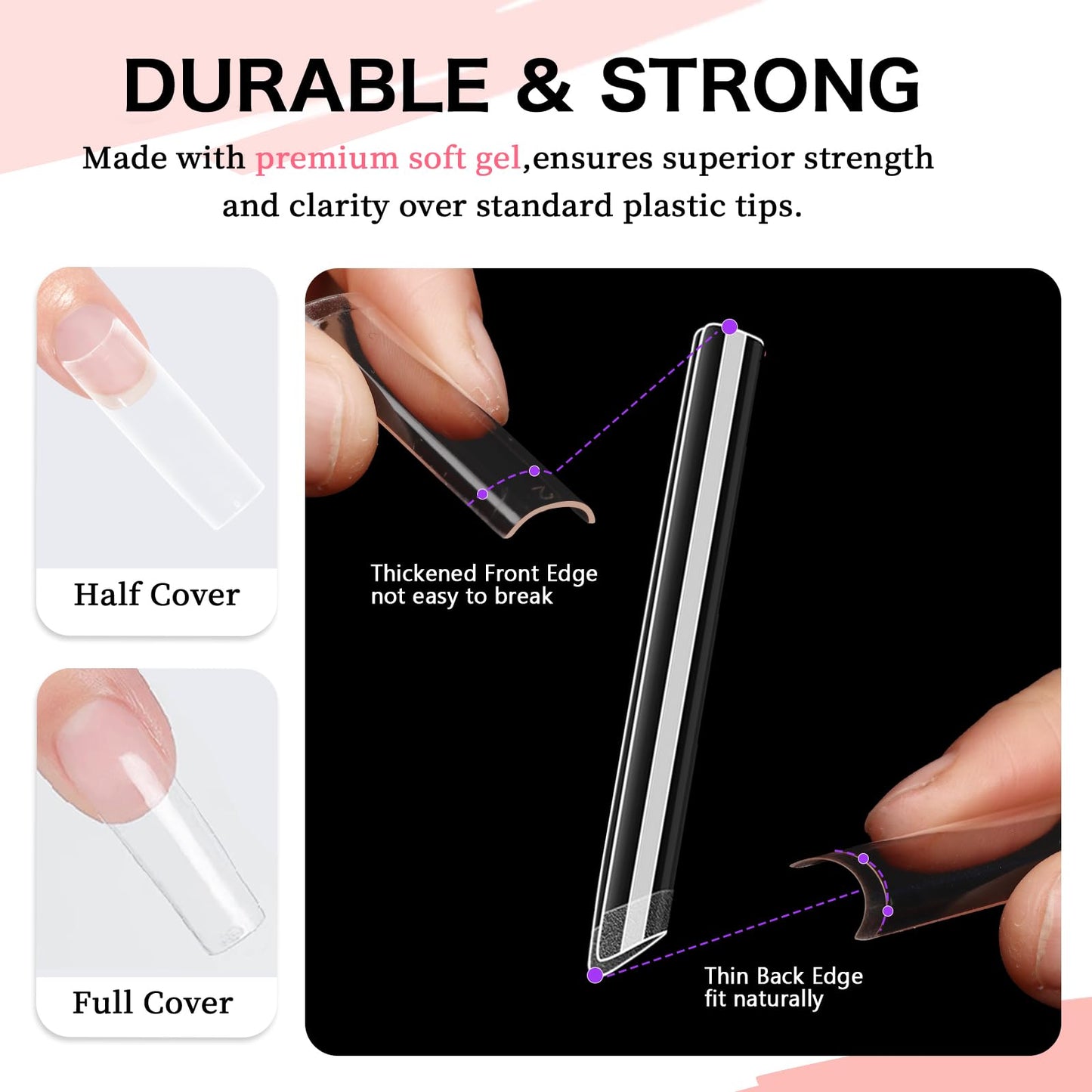 COLOURSMILE Square XXL Extra Long Nail Tips - 216PCS No C Curve Half Cover Gel Tips, No Trace & No Crease, for Acrylic Nails Home DIY with Storage Box