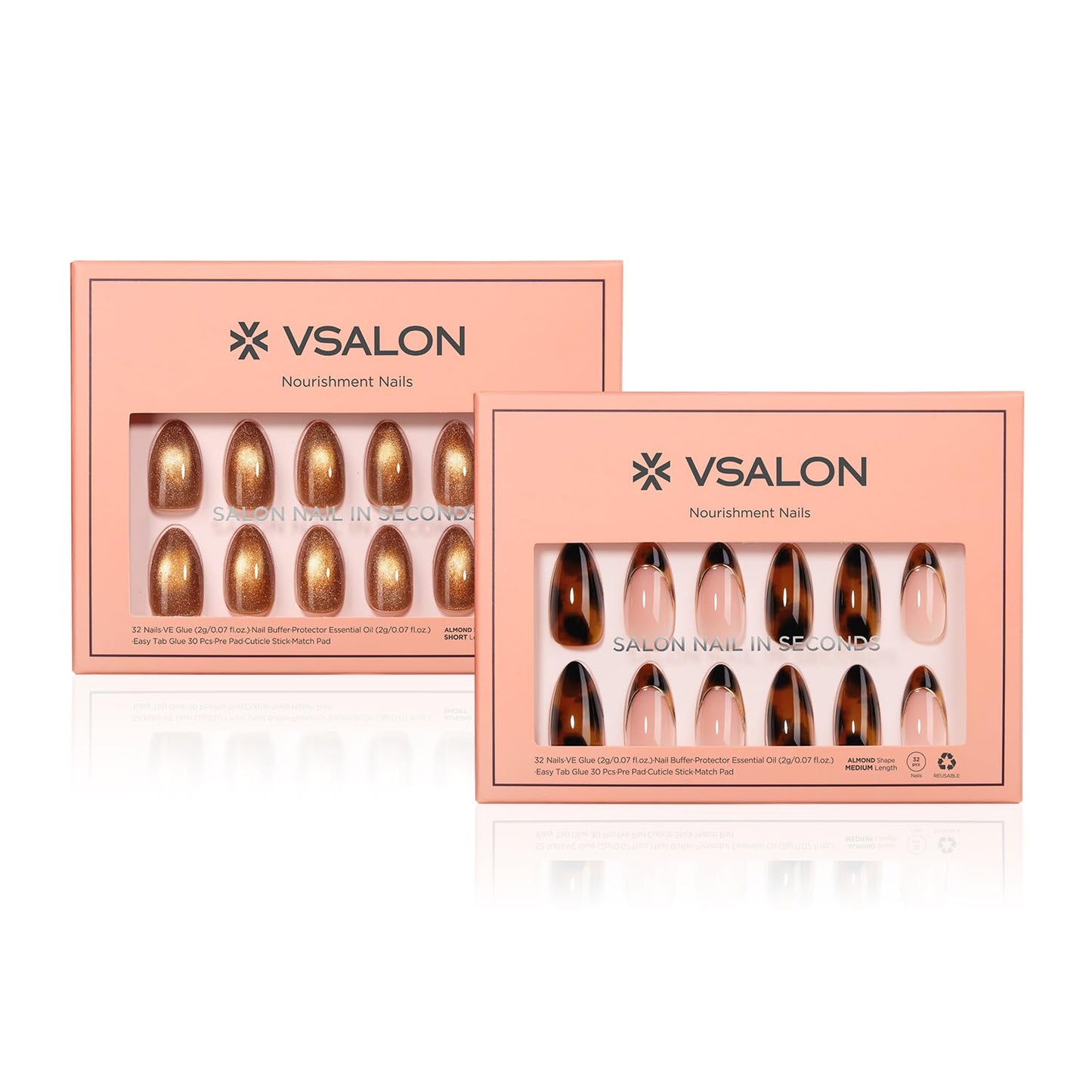 VSALON Press On Nails Short Almond, 32 Pcs 16 Sizes Brown Cat Eye & Tortoise Shell French Tip Glue On Nails Kit for Women