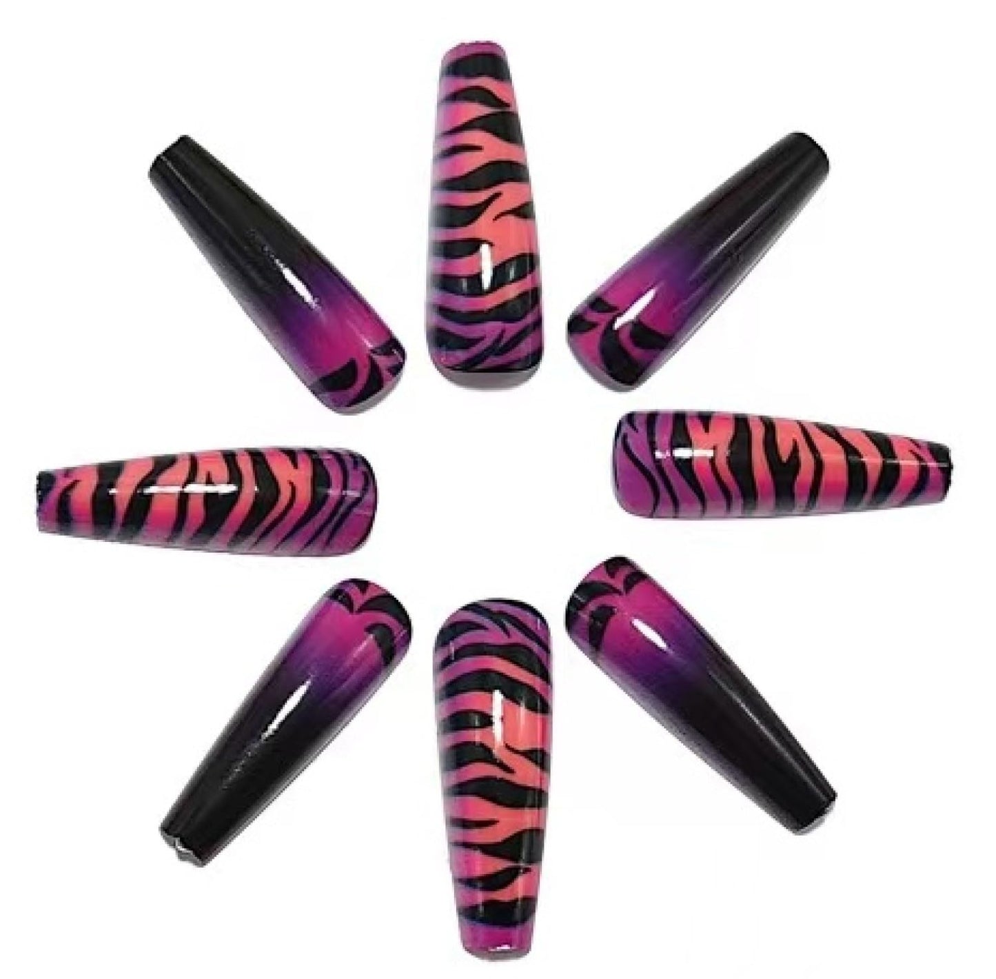 Chunmeng 24PCS Long Press on Nails, Purple Pink Tiger Pattern Acrylic False Nails, Cute Reusable Artificial Nails for Women & Girls